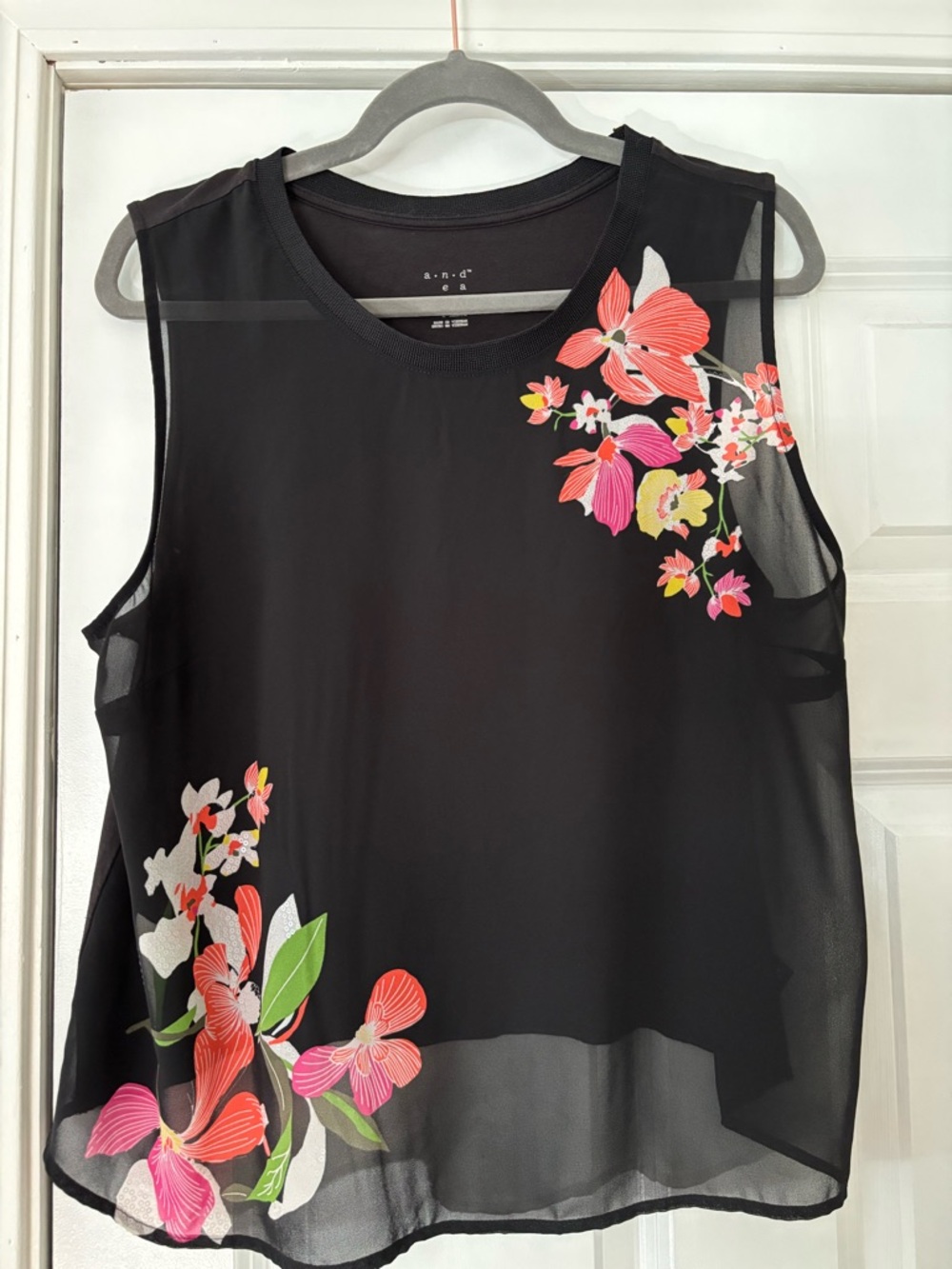 a new day Black Floral Mesh Tank with Pink & Green Accents
